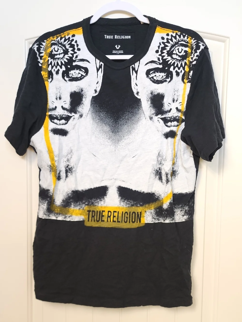 True Religion Black, White & Yellow Mirror-Graphic Short Sleeve Tee